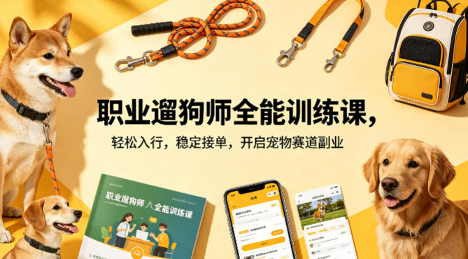 职业遛狗师全能训练课，轻松入行，稳定接单，开启宠物赛道副业-三月轻创