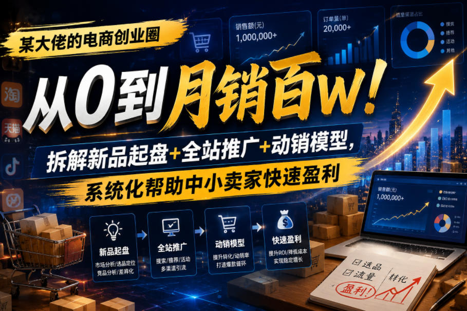 某大佬的电商创业圈从0到月销百W!拆解新品起盘+全站推广+动销模型,系统化帮助中小卖家快速盈利-三月轻创