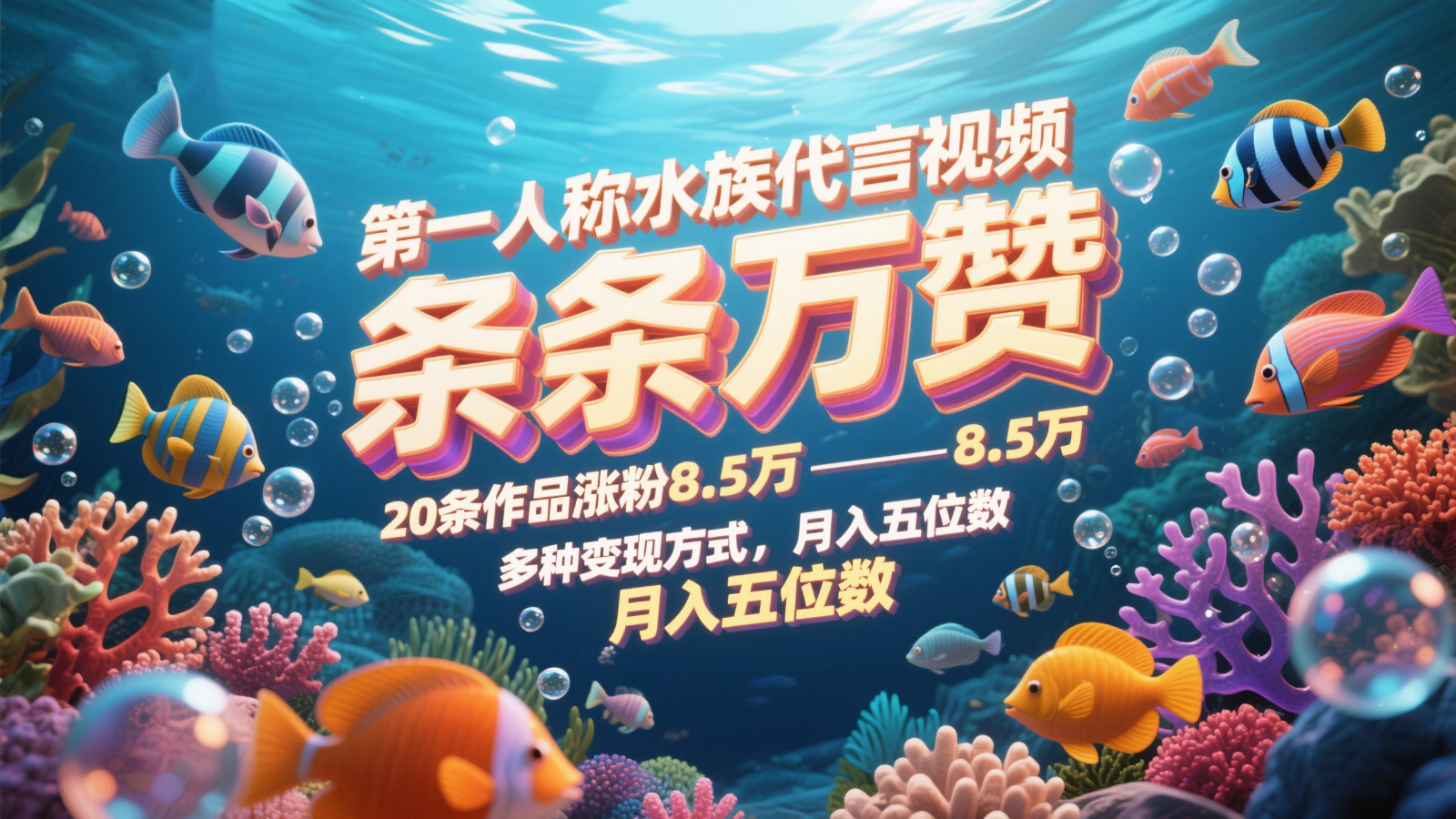 第一人称水族代言视频，条条万赞，20条作品涨粉8.5万，多种变现方式月，入五位数-三月轻创