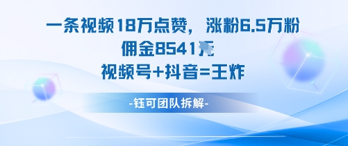 一条视频18W点赞，涨粉6.5W粉佣金8541米，视频号+抖音=王炸-三月轻创