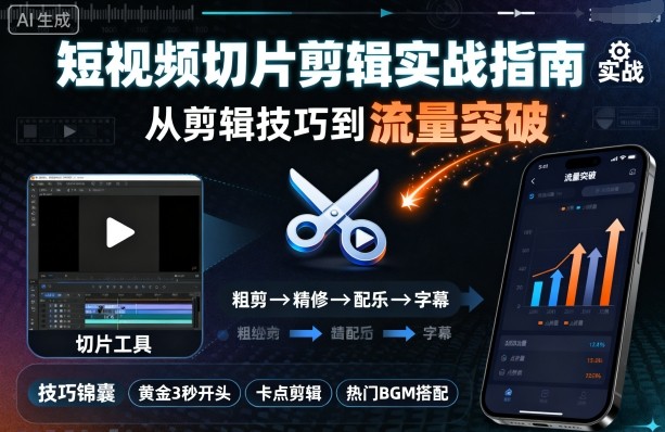 短视频切片剪辑实战指南，从剪辑技巧到流量突破-三月轻创