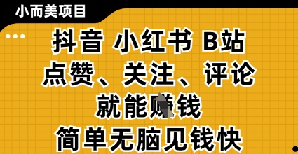 小而美的项目，抖音小红书B站视频点赞、关注、评论就能挣钱，简单无脑立见收益，妥妥的零撸项目【揭秘】-三月轻创