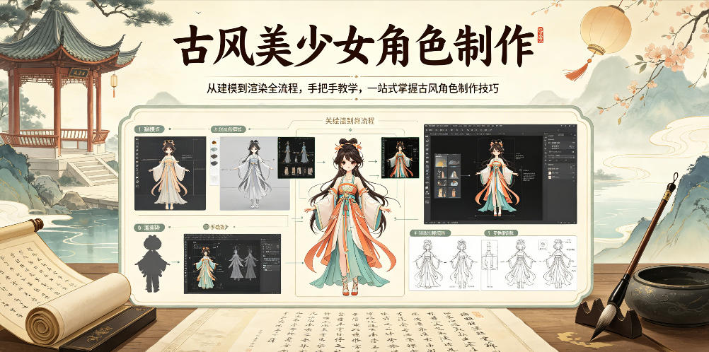 古风美少女角色制作，从建模到渲染全流程，手把手教学，一站式掌握古风角色制作技巧-三月轻创