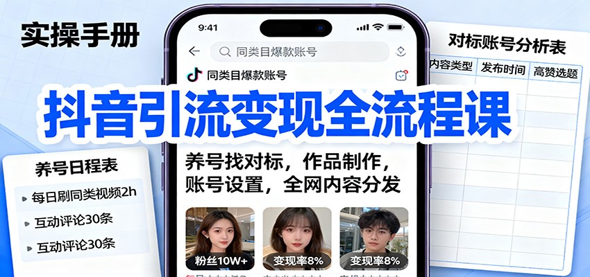 抖音引流变现全流程课：养号找对标，作品制作，账号设置，全网内容分发-三月轻创