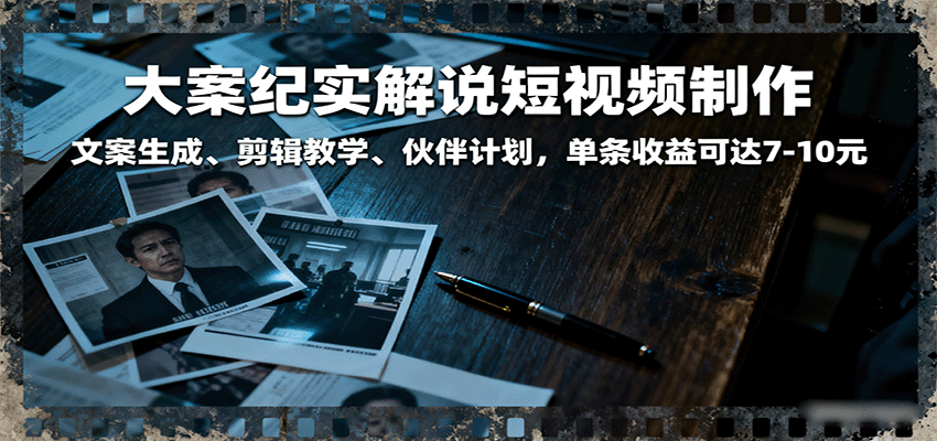 大案纪实解说短视频制作，文案生成、剪辑教学、伙伴计划，单条收益可达7-10元-三月轻创