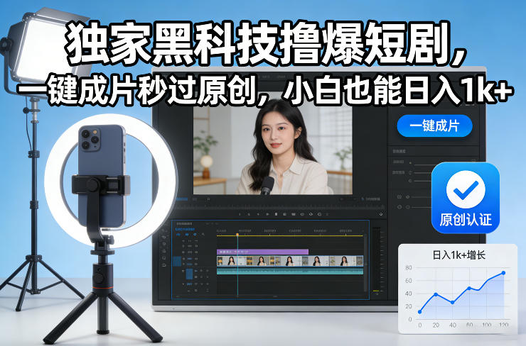 独家黑科技撸爆短剧，一键成片秒过原创，小白也能日入1k+【揭秘】-三月轻创