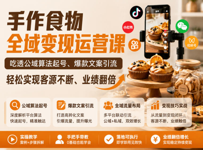 手作食物全域变现运营课,吃透公域算法起号、爆款文案引流,轻松实现客源不断、业绩翻倍-三月轻创