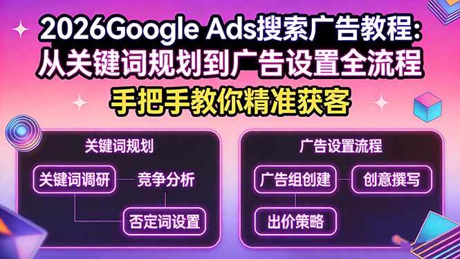 (17641期)2026Google Ads搜索广告教程:从关键词规划到广告设置全流程,手把手教你精准获客-三月轻创