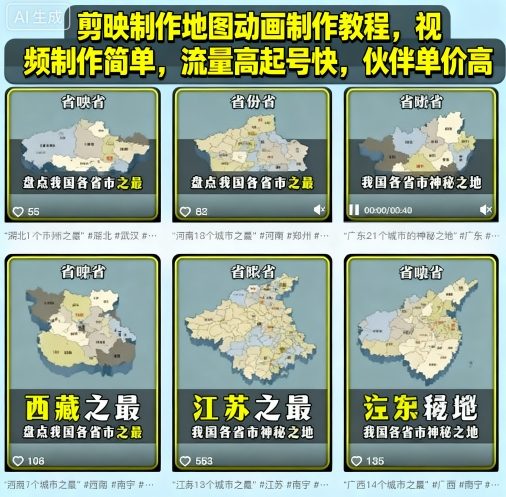 剪映制作地图动画制作教程，视频制作简单，流量高起号快，伙伴单价高-三月轻创