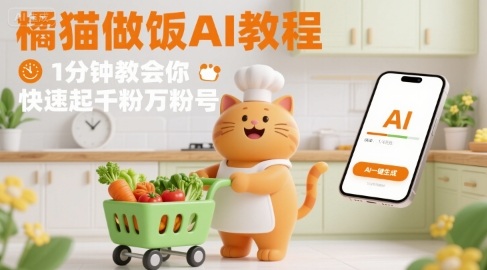 有趣的橘猫买菜做饭视频，用AI一键搞定，1分钟教会你，快速起千粉万粉号-三月轻创
